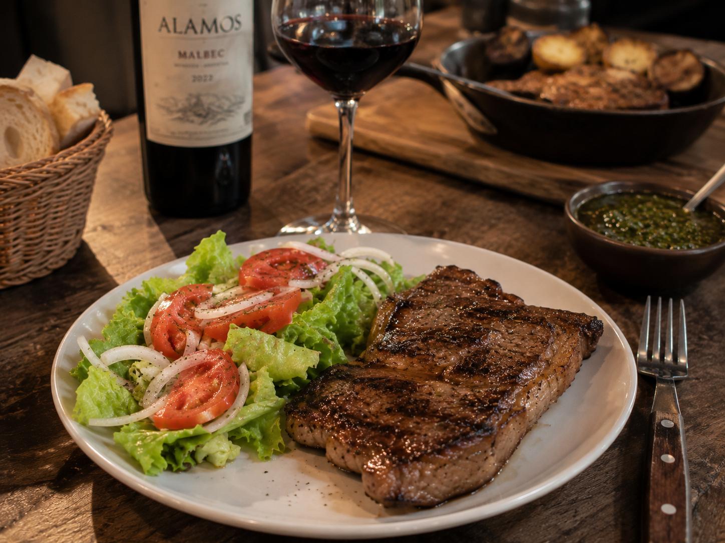 Bife de chorizo avec salade pour service de parrilla argentine